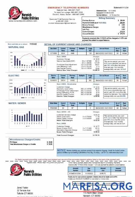 Realistic USA NORWICH PUBLIC UTILITIES utility bill Word and PDF template